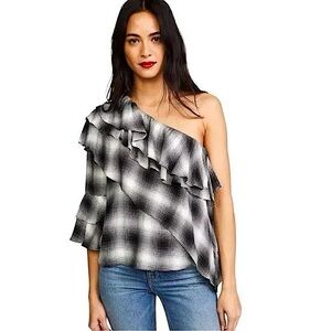 Alice +Olivia ‘Hilaria’ Plaid Ruffled One-Shoulder Top